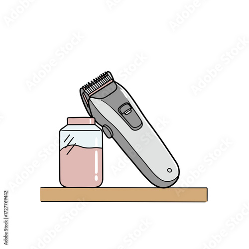 Hair clipper and jar of product on wooden shelf in salon setting  