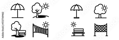 Various simple icons depicting park elements such as trees, benches, and sun with a volleyball net for outdoor leisure activities