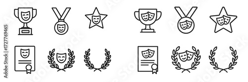 Awards and trophies representing achievements in theater and performing arts displayed in a minimalist design