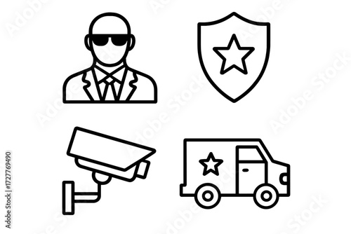 Security symbols including a guard, camera, badge, and patrol van depict safety and protection in modern society