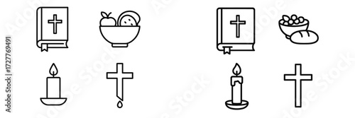 Religious symbols and icons representing faith, spirituality, and community activities in simple designs