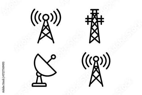 Communication technology icons featuring signal towers and satellite dishes for modern connectivity