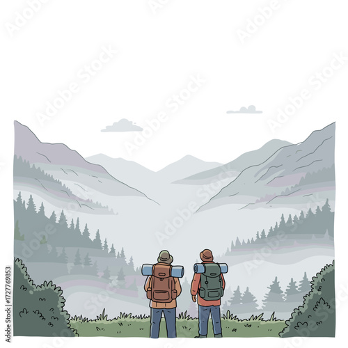 Two hikers gazing at misty mountain landscape in nature  