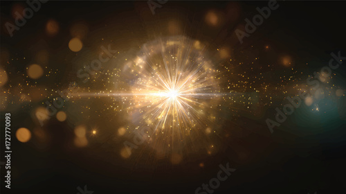 A radiant burst of golden light with sparkling particles and rays emanating outward, creating a magical and vibrant atmosphere
