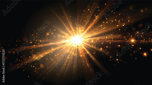 A radiant burst of golden light with sparkling particles and rays emanating outward, creating a magical and vibrant atmosphere