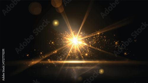 A radiant burst of golden light with sparkling particles and rays emanating outward, creating a magical and vibrant atmosphere