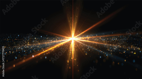 A radiant burst of golden light with sparkling particles and rays emanating outward, creating a sense of depth and motion on dark black background