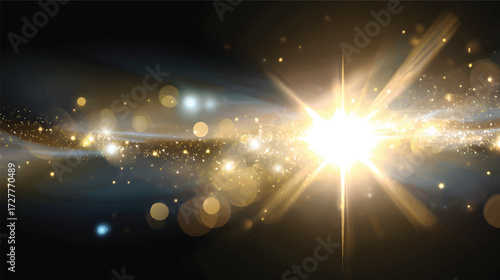 A radiant burst of golden light with sparkling particles and rays emanating outward, creating a sense of depth and motion on dark black background