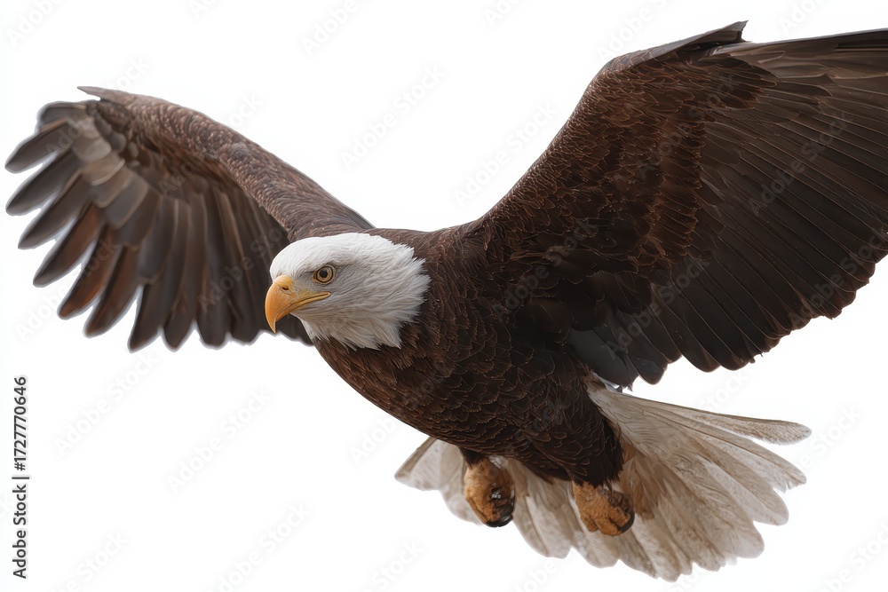 Fototapeta premium Majestic American bald eagle soaring gracefully through the clear sky, showcasing incredible wingspan and strength in flight above natural landscapes