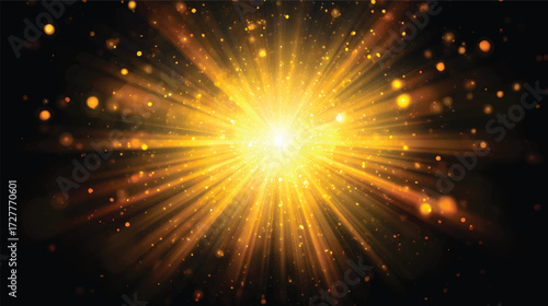 A radiant burst of golden light with sparkling particles and rays emanating outward, creating a magical and vibrant atmosphere