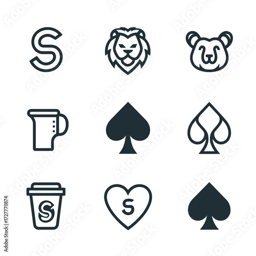 Simple icons depict animals, letter S, heart, pitcher, takeout, and spade symbols