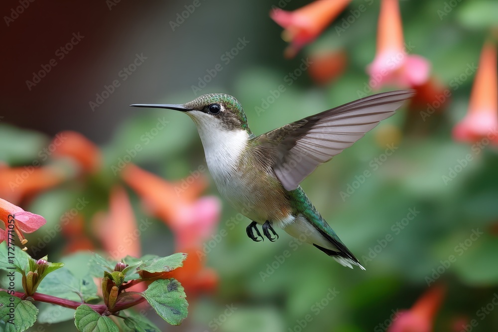Obraz premium Ruby-throated hummingbird in flight near colorful flowers during bright daytime in a lush garden setting
