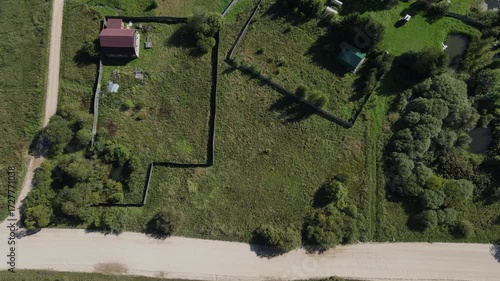 poor country houses, villas, cottages and mansions outside the city among the greenery in the forest filmed from the height of a drone