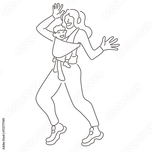 mom dancing with baby in doodle style.Illustration for banner postcard design print sticker poster background