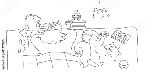 mom with baby in doodle style.Illustration for banner postcard design print sticker poster background