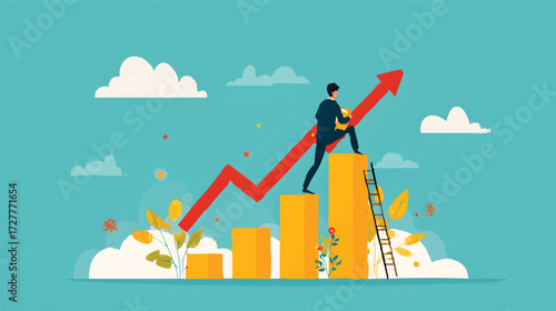 A businessman climbing a ladder to reach a growing bar graph, symbolizing success and progress, with clouds and plants in the background