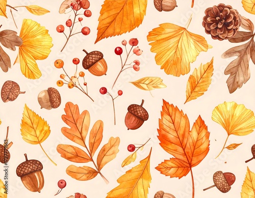 Autumn leaves and acorns seamless pattern (1)