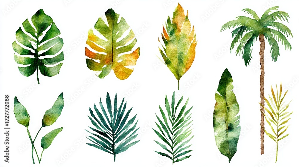 Fototapeta premium Watercolor-style tropical Hawaii leaves and palm tree isolated. Ideal for backgrounds, textures, wrapping paper, frames, or borders, this aquarelle wildflower adds a touch of paradise to any design. 