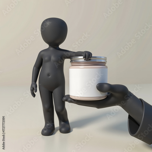 3D figure holding jar with blank label in gray background  