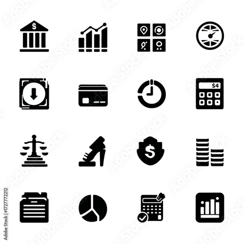 Finance Icons Bank, graph, navigation, gauge, download, credit card, clock, calculator