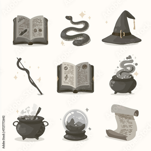 Collection of witchy elements, books, snake, hat, cauldron, crystal ball, scrolls and wand