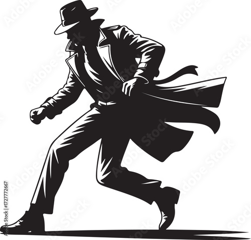 Silhouette of a man in a fedora and trench coat running vector