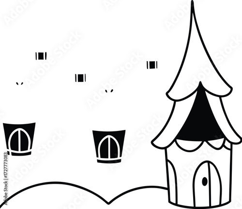 whimsical fairy village with hanging lanterns illustration on transparent background