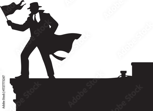 Silhouette of a man in a fedora and trench coat holding a waving flag on a ledge vector