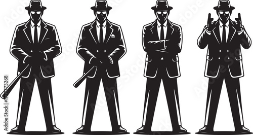 Four black silhouette figures in suits and fedoras with white outlines vector