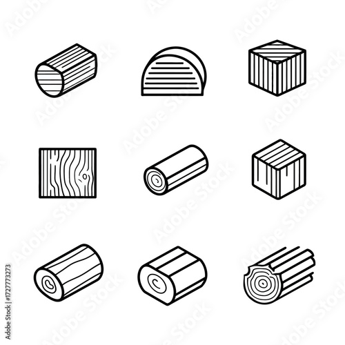 Wood Illustration Various shapes with grain, rings, texture, and lines