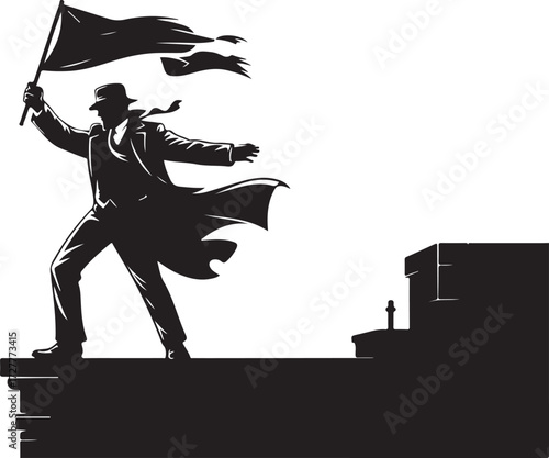 Silhouette of a man in a trench coat and fedora hat holding a tattered flag on a ledge vector