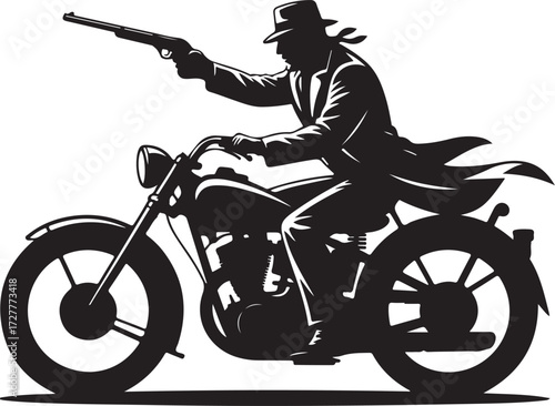 Silhouette of a cowboy riding a motorcycle aiming a shotgun vector
