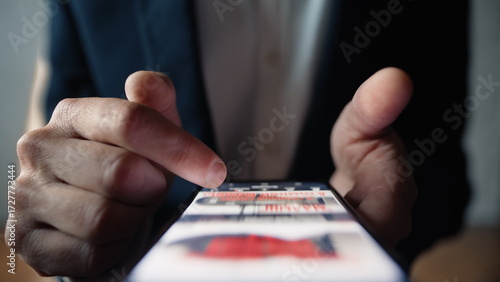 Fingers moving mobile display checking social media feed online indoors closeup