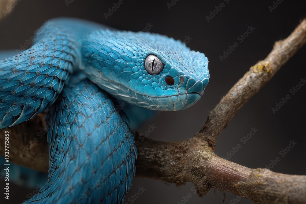 Fototapeta premium Closeup view of a blue viper snake resting on a branch in a natural habitat showcasing its striking coloration and intricate scales