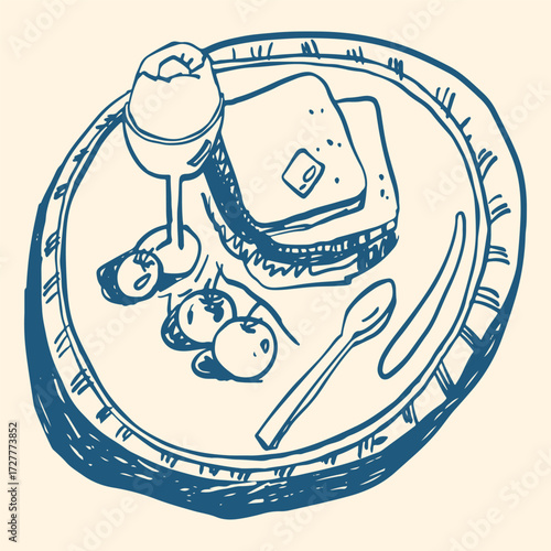 Breakfast doodle style vector illustration. An egg, bread slices, butter, cherry tomatoes. The illustration is isolated on color background. Perfect for websites and menu designs. 