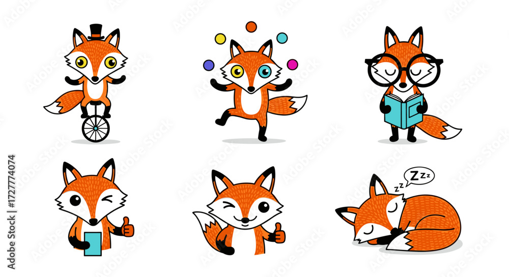 Obraz premium Expressive Fox Cub Trio: Cute Cartoon Kitsune Friends
