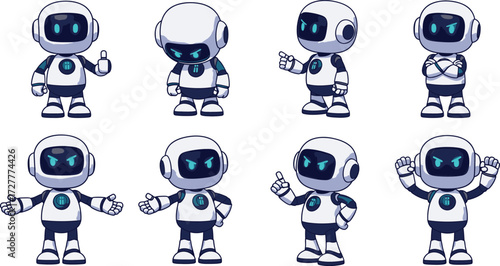 Cartoon Robot Character Set — 8 Expressive White and Blue Humanoid Robots with Emotions and Gestures for Apps, Games, Chatbots, Animation, Education, and Branding