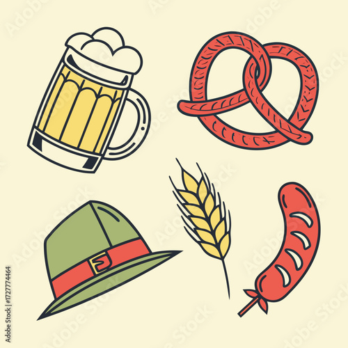 A charming collection of oktoberfest icons including a frothy beer mug a traditional pretzel a bavarian hat a wheat stalk and a sausage on a light background