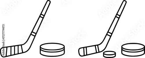 Set of hockey stick and puck outline vector icons