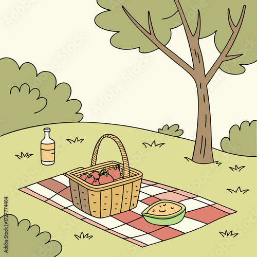 A charming hand drawn illustration of a delightful picnic spread laid out on a red and white checkered blanket under a large tree