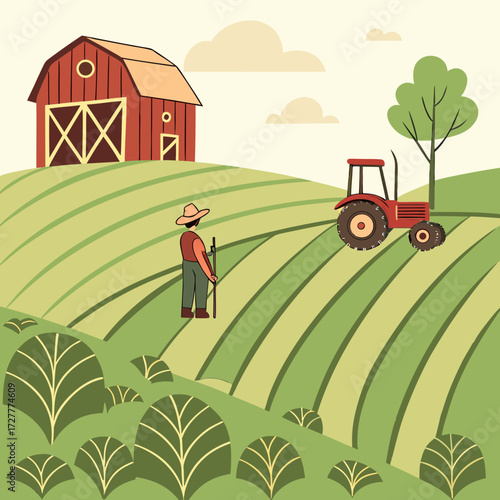A farmer in a straw hat stands in a green field with a red tractor and barn in the background on a sunny day