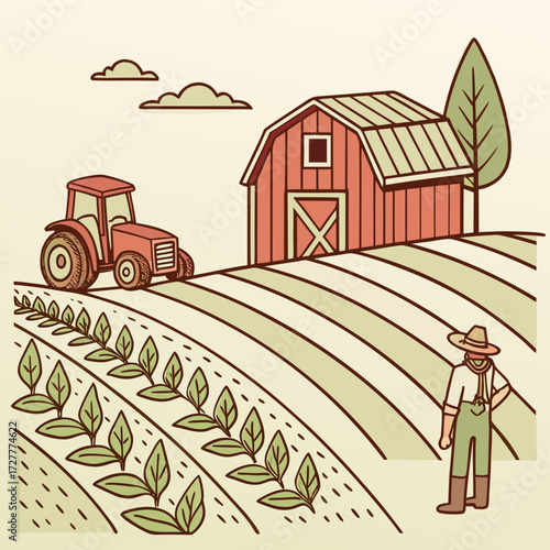 A farmer in a straw hat surveys a vibrant farm with a red barn tractor and rows of green crops under a cloudy sky