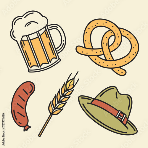A festive collection of oktoberfest symbols including a beer mug pretzel sausage wheat stalk and a traditional hat on a light background