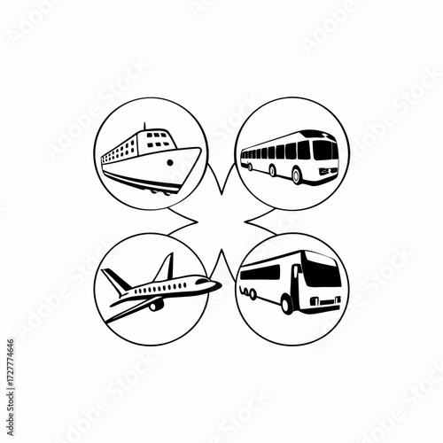 A graphic illustration depicting various modes of transportation including a cruise ship airplane and two different types of buses arranged in a circular pattern