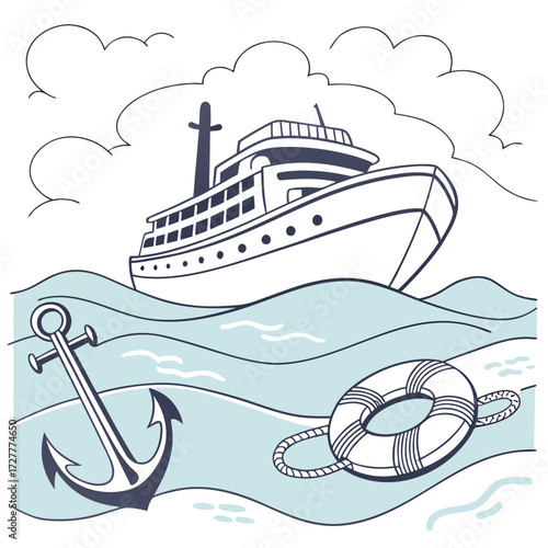A large cruise ship sails on blue ocean waves under a cloudy sky with an anchor and life preserver floating nearby