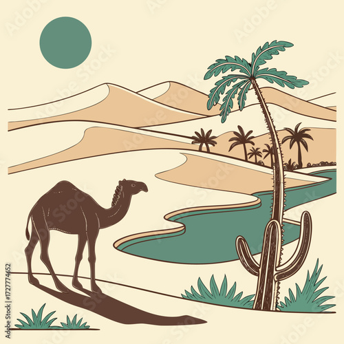A lone camel stands near a tranquil oasis with palm trees and a cactus under a large green sun in a stylized desert landscape