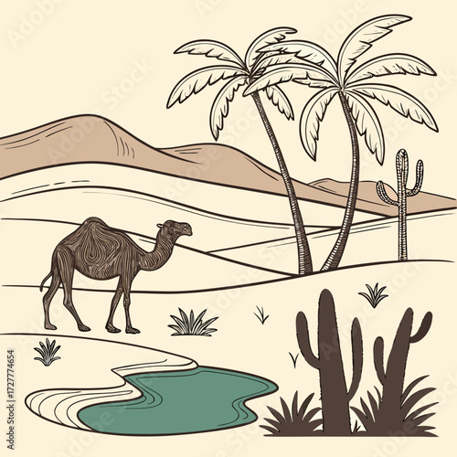 A lone camel walks across a sandy desert landscape with palm trees cacti and a small oasis reflecting the warm desert sun