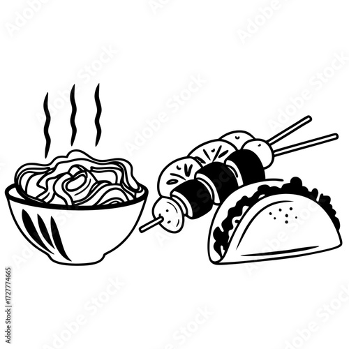 A simple black and white illustration of a steaming bowl of noodles grilled skewers and a taco on a white background