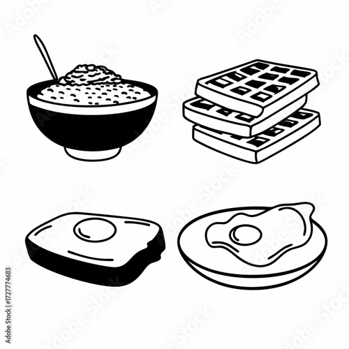 A simple black and white line drawing illustration of a hearty breakfast meal with waffles and eggs