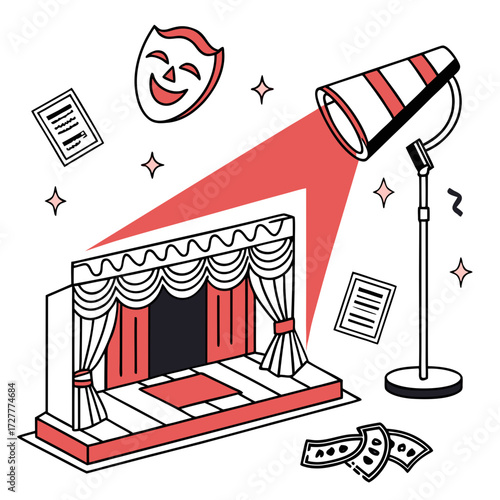 A theatrical stage with red curtains and a spotlight shines on a happy mask script and money symbolizing performance success